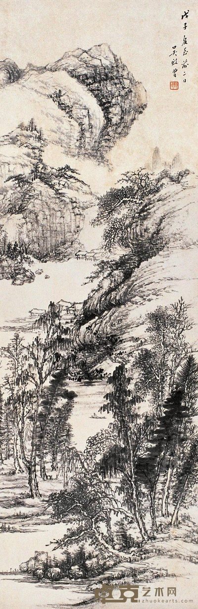 吴镜汀 戊子(1948年)作 山水 立轴 82×26.5cm