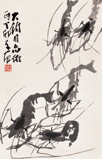 崔子范 丁卯(1987年)作 墨虾 立轴