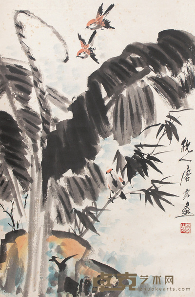 唐云 竹雀 立轴 69×45cm