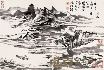陆俨少 庚午(1990年)作 溪山垂钓 镜心 40×60cm