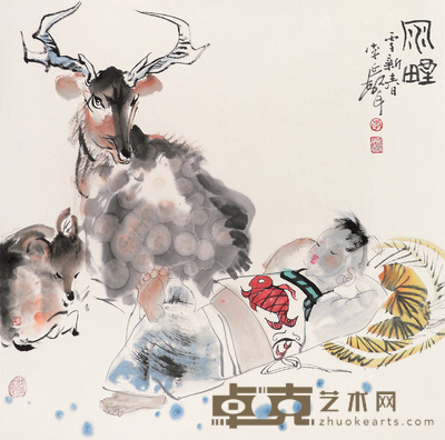 李延声 鹿娃 立轴 67×67cm