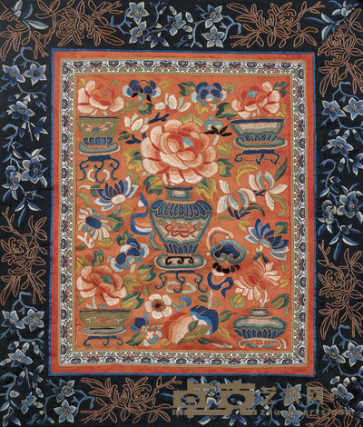 清 博古花卉绣片 33×27cm