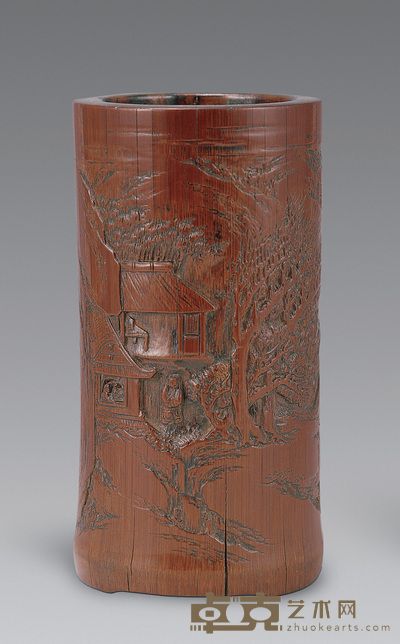 清中期 竹刻山水人物图笔筒 高12.4cm