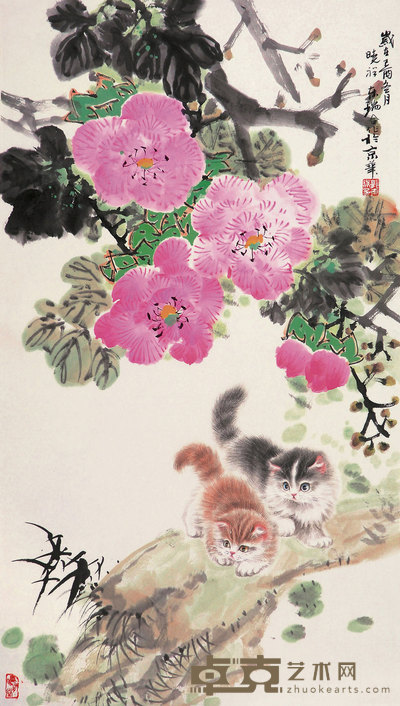 郭东瑞 李晓祥 猫戏图 镜心 95×53cm