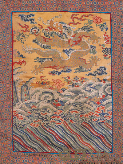 清 黄地海水云龙纹绣片 65.8×43.5cm