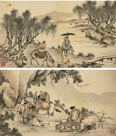 焦秉贞(款) 人物 册页(十二开选二) 27×46cm×12