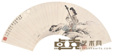 刘凌沧 郭慕熙 庚申(1980年)作 寒塘抚琴图 扇面 21×70cm