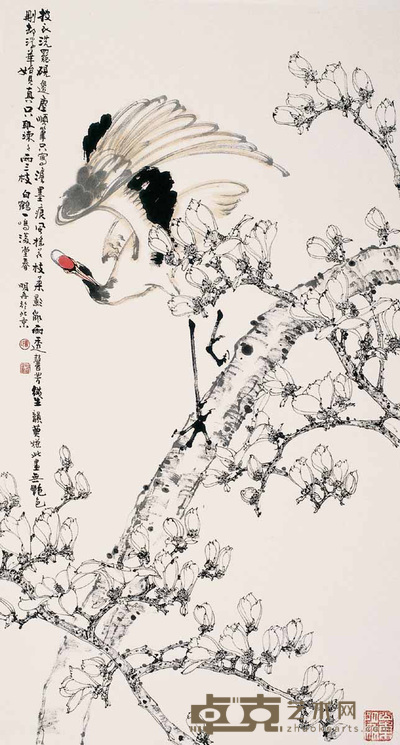 曹明冉 玉兰仙鹤 镜心 178×97cm