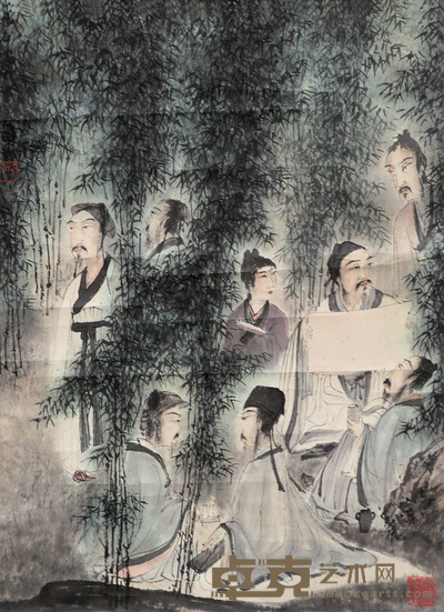 傅抱石 竹林七贤 立轴 46×34cm