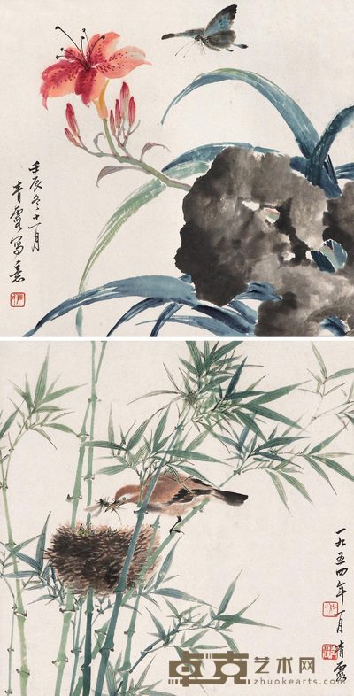 吴青霞 花鸟（二帧） 镜心 33×33cm×2