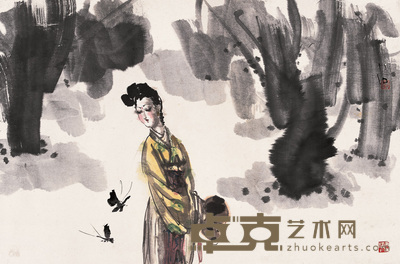 傅小石 宝钗扑蝶图 镜心 48×73cm