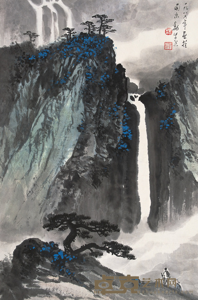 魏紫熙 1986年作 远涉观瀑图 镜心 67×45.5cm