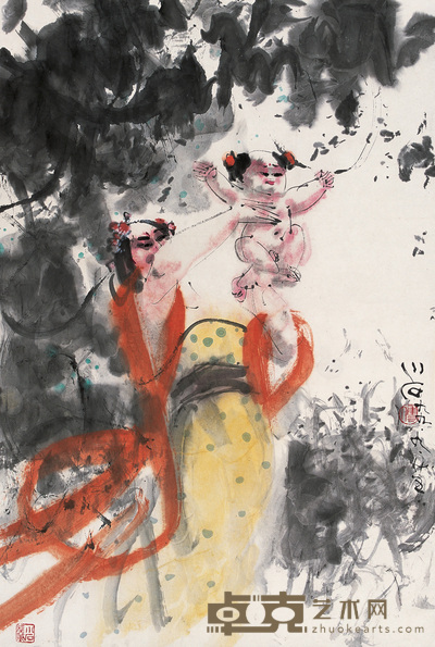 傅小石 1999年作 天伦之乐 立轴 69×46.5cm