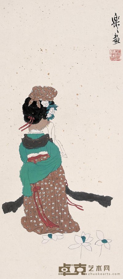 徐乐乐 1988年作 执扇仕女 立轴 37×21cm