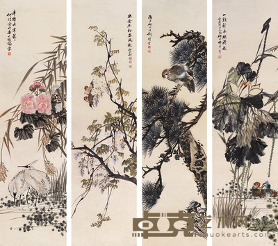 何煜 花鸟 屏轴 149×40cm×4