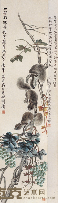 金梦石 松鼠葡萄图 立轴 133×31cm