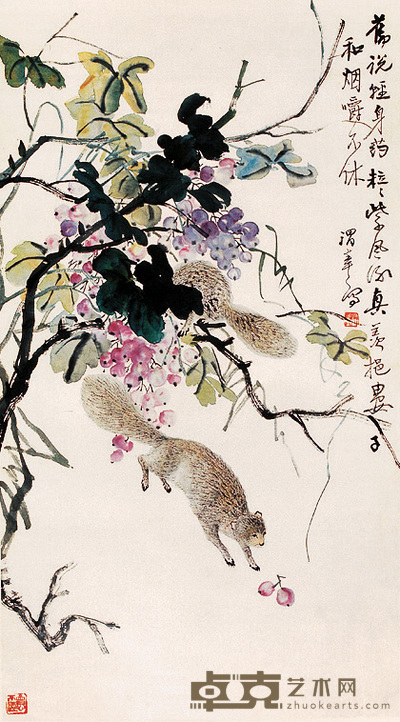 叶渭辛 葡萄松鼠 立轴 96×53cm