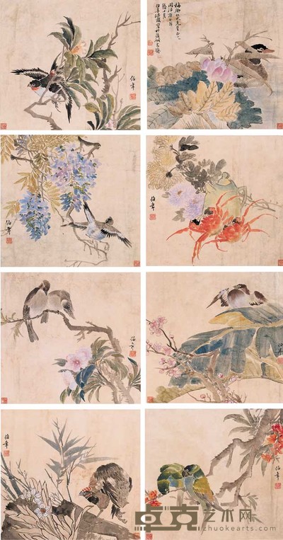 任颐 花鸟 镜心 36×38cm×8