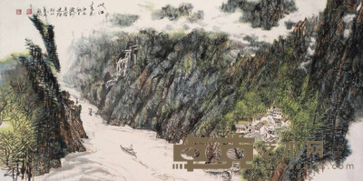 金连经 2000年作 峡江春色 镜心 68×136cm