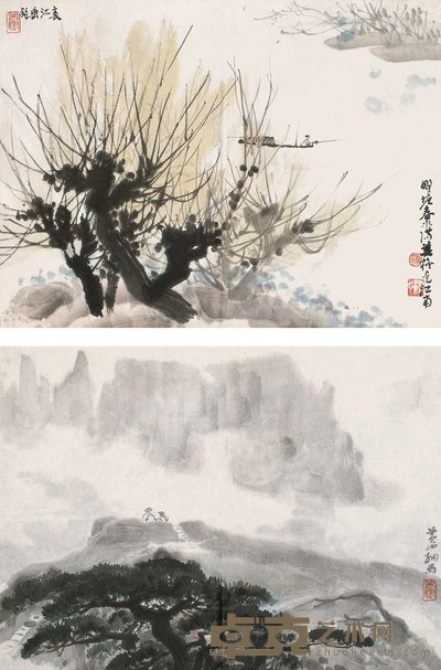 梁树年 山水（二件） 镜心 34×45cm×2