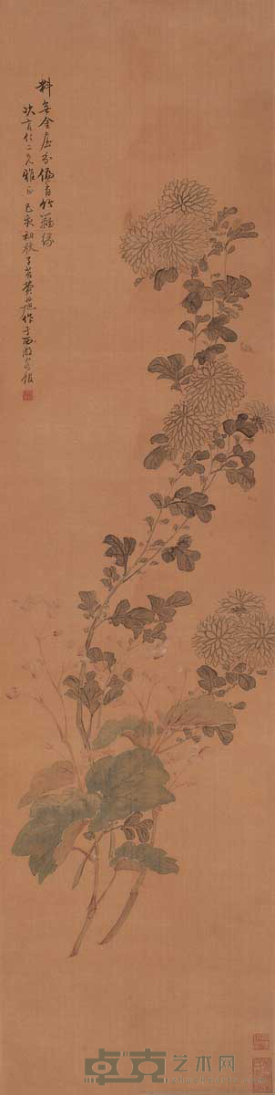 费丹旭 1839年作 花卉 立轴 105×26cm