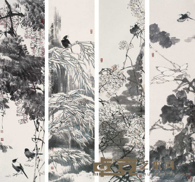 孟庆占 2006年作 花鸟 四屏 139×36cm×4