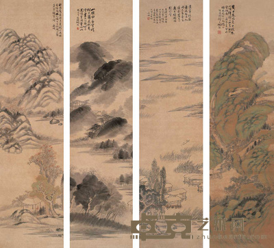 沈元咸 山水 四屏 146×39cm×4