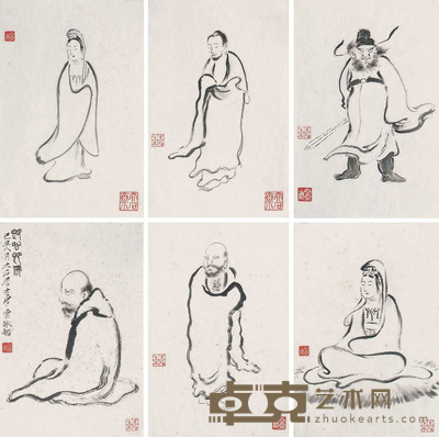 唐云 1949年作 佛像 册页(六开） 20×30cm×6