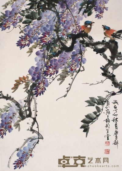 唐秉耕 1987年作 紫藤花鸟 镜心 68×48cm