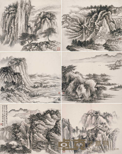 谢稚柳 仿古山水 册页（十五开选六） 30×35cm×15