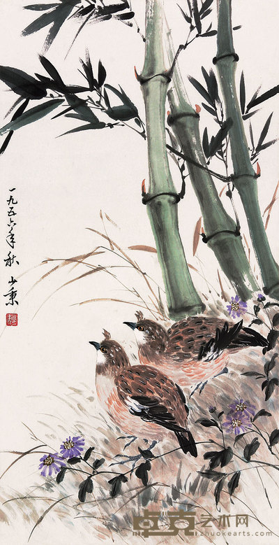 叶少秉 竹雀 立轴 68×35cm
