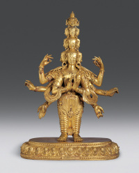 清中期 铜鎏金十一面八臂观音立像