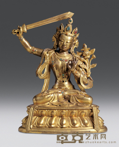 清中期 铜鎏金文殊菩萨像 高25cm