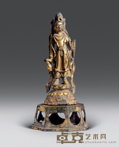 唐 观世音菩萨鎏金铜像 高17cm