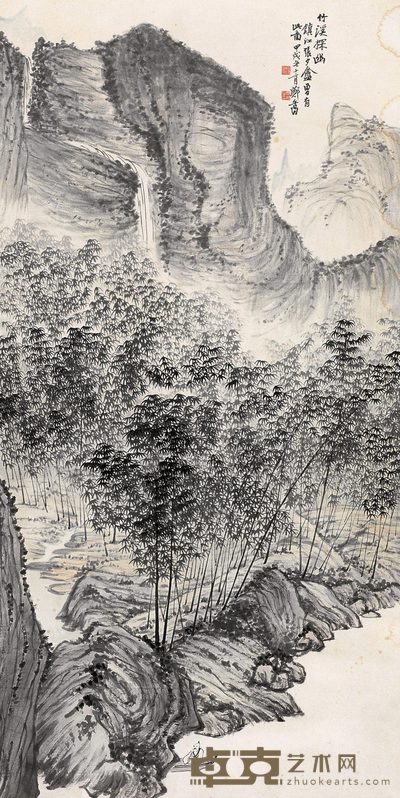 郑午昌 1934年作 竹溪探幽图 立轴 134×67cm