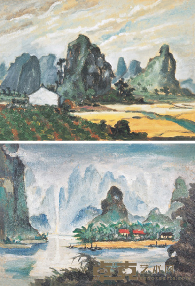 涂克 漓江风景（两幅） 1.18.5×25.5cm；2.19.5×26.5cm
