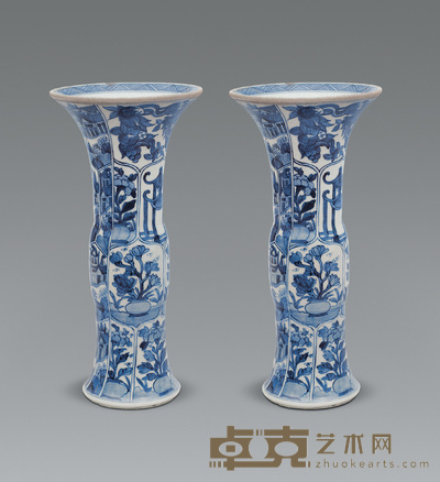 清康熙 青花西洋宫苑亭阁花觚（一对） 高27.5cm