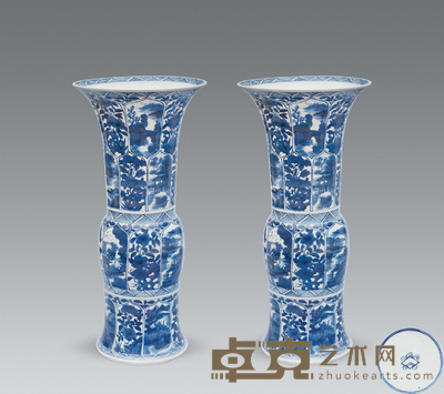 清康熙 青花开光听琴花觚（一对） 高46.3cm