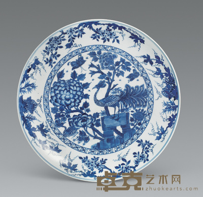 清康熙-雍正 青花孔雀牡丹盘 口径36.5cm