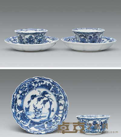 清雍正 青花福禄寿菱口托盏（两套） 盏口径7.5cm；托盘口径12.6cm