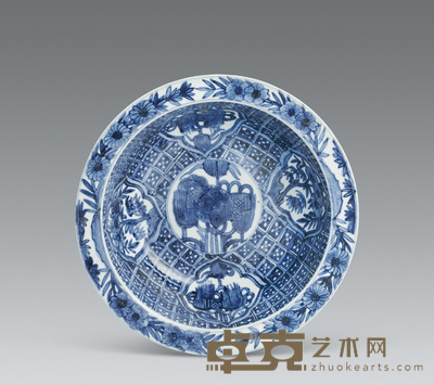 清康熙 青花锦地海棠开光折沿盆 口径29cm