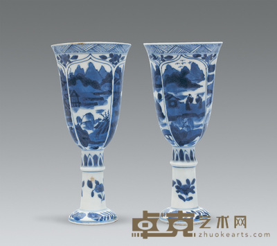 清康熙 青花山水把杯（一对） 高17cm