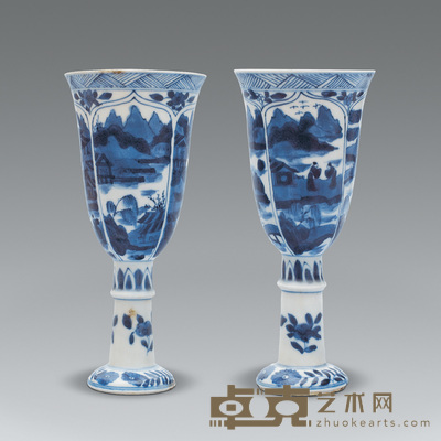 清康熙 青花山水把杯（一对） 高17cm
