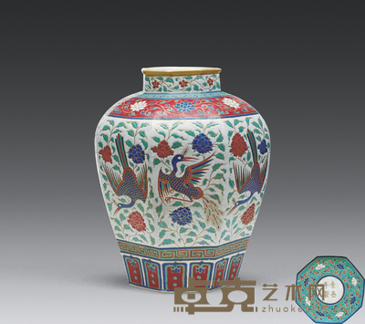 明景泰 粉彩孔雀花卉纹八方罐 高40.3cm;口径14.5cm;足径20.3cm