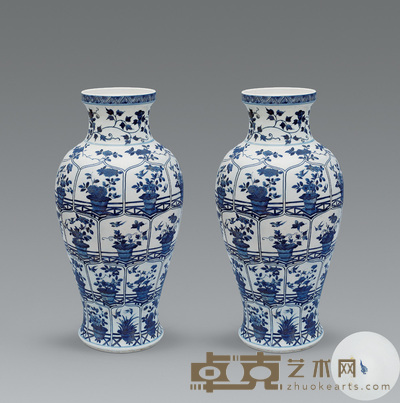 清康熙 青花花卉盆景观音尊（一对） 高47.5cm
