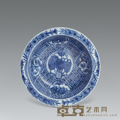 清康熙 青花锦地海棠开光折沿盆 口径29cm