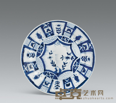 清康熙 青花窗外月映花卉盘 口径22.5cm
