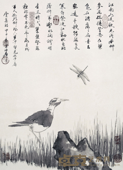 卢坤峰 蜻蜓小鸟 立轴 57×41cm