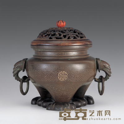 清 锉银象耳铜香炉 高14cm