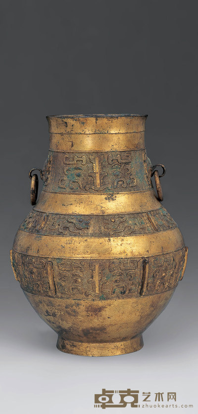 清乾隆 铜鎏金饕餮纹双耳壶 高33cm;宽23cm